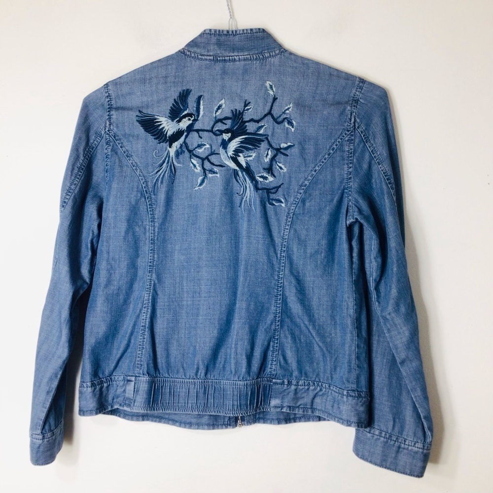 Chico's Light Blue Denim Jacket with Bird & Branch Embroidery